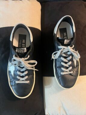Golden Goose Black Leather Hi Star Sneakers with Silver Accents